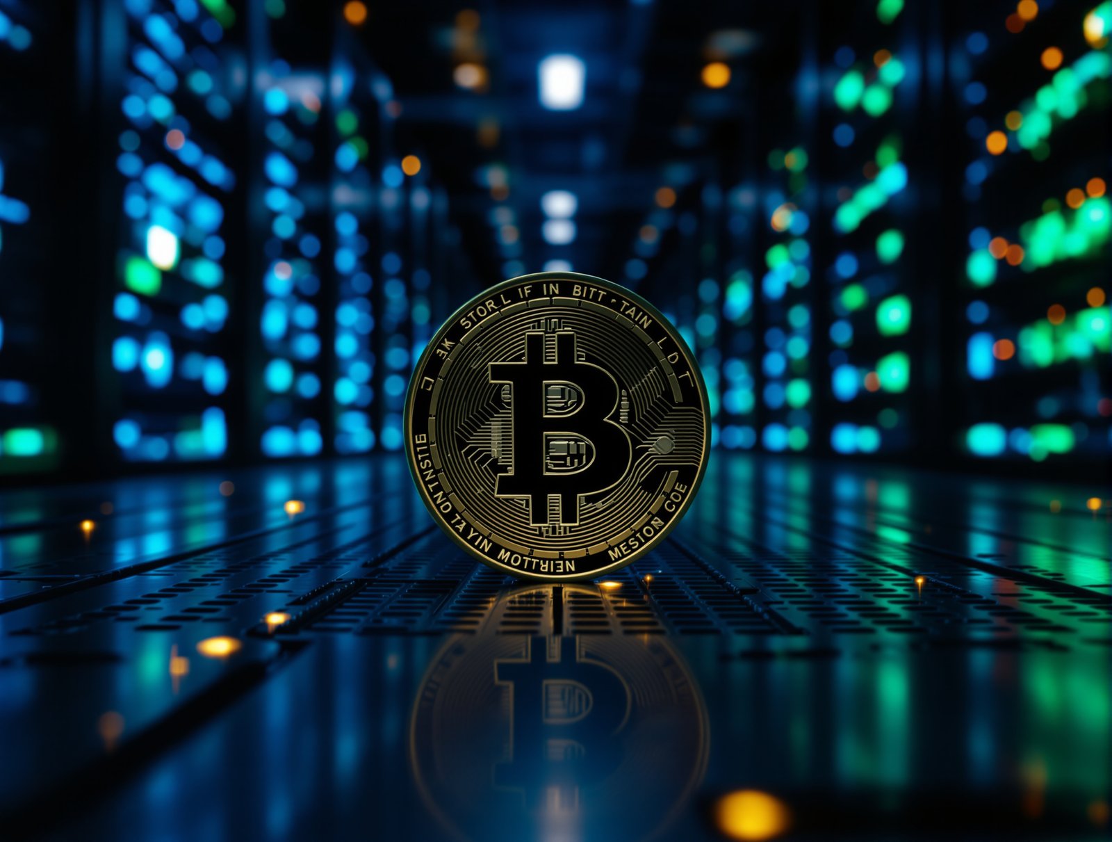 A gold Bitcoin coin on machined steel in a dark server aisle