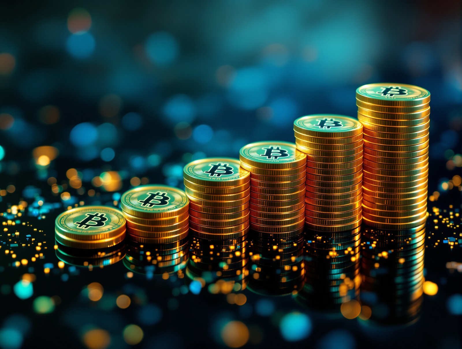 Gold Bitcoin coins in eight descending stacks on black glass