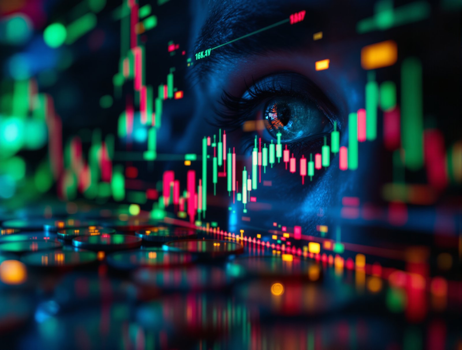 Close-up of a trading screen with green and red candlesticks at night